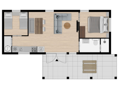 Plano de la Timber Cottage 4 en Bospark 't Wolfsven, Países Bajos, con dos dormitorios y sala de estar.