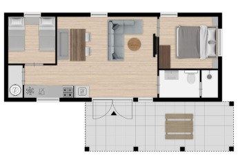 Grundriss von Timber Cottage 4 im Bospark 't Wolfsven, Niederlande, mit zwei Schlafzimmern gezeigt.