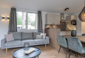 Moderne stue og køkken i Timber Cottage 6 ved Bospark 't Wolfsven, med komfortabel sofa og spisebord.