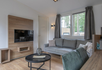 Moderne stue i Timber Cottage 6, Bospark 't Wolfsven, med grå sofa, tv-væg og store vinduer.
