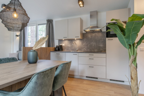 Cuisine et coin repas modernes d'une tiny house à Timber Cottage 6, Bospark 't Wolfsven, Pays-Bas.