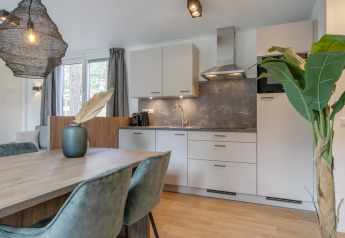 Cucina e zona pranzo moderne in una tiny house a Timber Cottage 6, Bospark 't Wolfsven, Paesi Bassi.