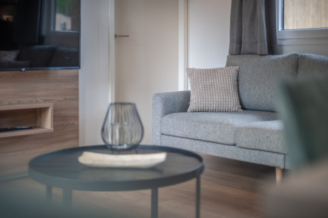 Salon moderne avec canapé gris, coussin et table basse à Timber Cottage 6, Bospark 't Wolfsven, Pays-Bas.
