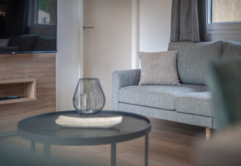 Modernes Wohnzimmer mit grauem Sofa, Kissen und Couchtisch in Timber Cottage 6, Bospark 't Wolfsven, Niederlande.