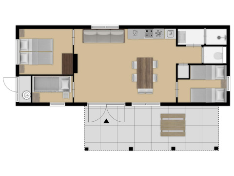 Floor plan of Timber Cottage 6 at Bospark 't Wolfsven showing three bedrooms, kitchen, and terrace.