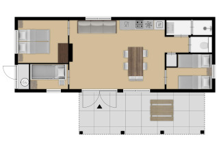 Plantegning af Timber Cottage 6 i Bospark 't Wolfsven med tre soveværelser, køkken og terrasse.