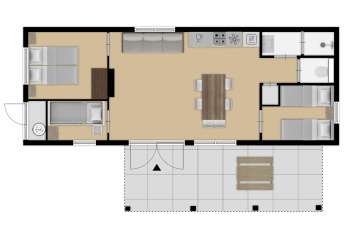 Grundriss des Timber Cottage 6 im Bospark 't Wolfsven mit drei Schlafzimmern, Küche und Terrasse.