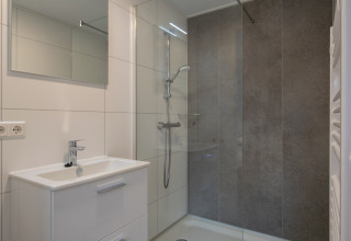 Bagno moderno con doccia e lavandino nella Tiny House 2 a Bospark 't Wolfsven, Paesi Bassi.
