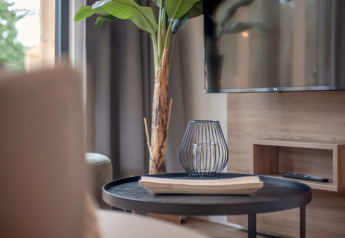 Moderne zithoek in Tiny House 2, Bospark 't Wolfsven, Nederland, met TV, tafeltje en plant.