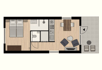 Plano de Tiny House 2 en Bospark 't Wolfsven, Países Bajos, con dormitorio, cocina, sala y terraza.