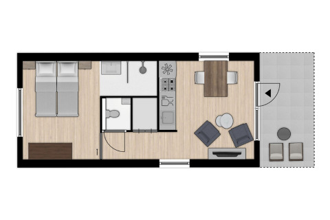 Plantegning af Tiny House 2 i Bospark 't Wolfsven, Nederlandene, der viser sove-, bade- og opholdsområder.