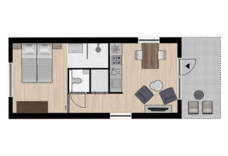 Plano de Tiny House 2 en Bospark 't Wolfsven, Países Bajos, con dormitorio, cocina, sala y terraza.