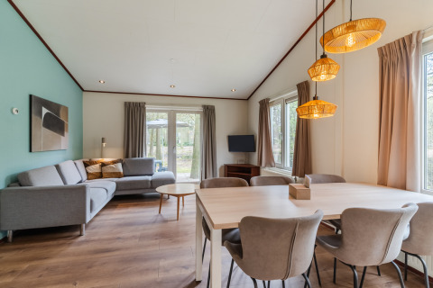 Stue og spisestue i chalet WVR6 på Bospark 't Wolfsven, Holland, moderne møbler og naturligt lys.