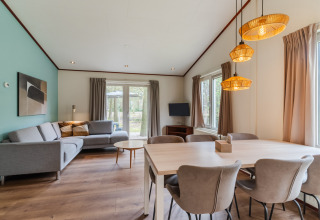Stue og spisestue i chalet WVR6 på Bospark 't Wolfsven, Holland, moderne møbler og naturligt lys.