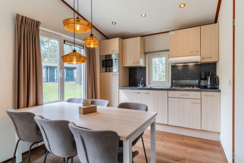 Moderne køkken og spiseområde i chalet WVR6 på Bospark 't Wolfsven, Nederlandene, med store vinduer og træinteriør.