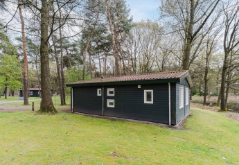 Chalet WVR6 ved Bospark 't Wolfsven i Holland, omgivet af grønne træer og græs i naturen.