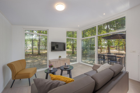 Soggiorno del Lodge 6 a Bospark 't Wolfsven, Paesi Bassi, con arredi moderni e vista sulla foresta.