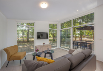 Soggiorno del Lodge 6 a Bospark 't Wolfsven, Paesi Bassi, con arredi moderni e vista sulla foresta.