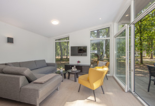 Luminoso soggiorno nel tiny house Lodge 6, Bospark 't Wolfsven, Paesi Bassi, con divano e grandi finestre.