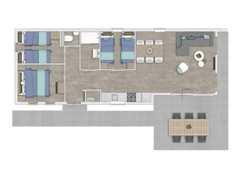 Floor plan of Lodge 6 at Bospark 't Wolfsven in the Netherlands showing bedrooms, living area, terrace.