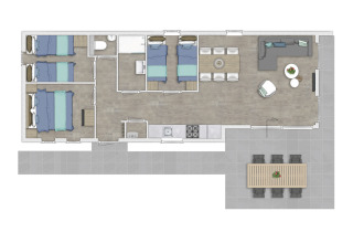 Floor plan of Lodge 6 at Bospark 't Wolfsven in the Netherlands showing bedrooms, living area, terrace.