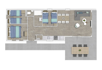 Plantegning af Lodge 6 i Bospark 't Wolfsven, Nederlandene, der viser værelser, stue og terrasse.