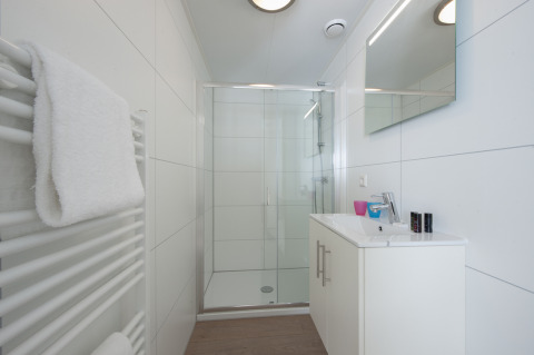 Baño moderno y compacto con ducha, lavabo y toalla en Lodge 6 de Bospark 't Wolfsven, Países Bajos.