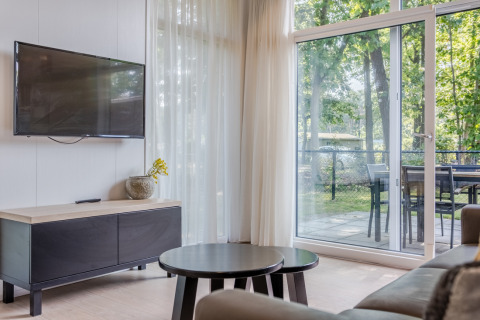 Living room of Lodge 4 at Bospark 't Wolfsven, Netherlands, with TV, table, sofa and patio view.