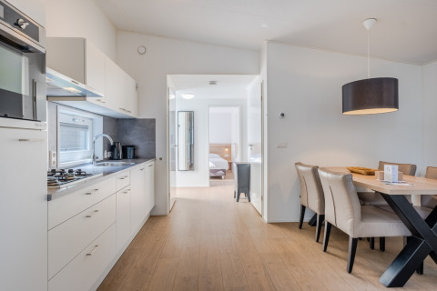 Modern kitchen and dining area in tiny house Lodge 4 at Bospark 't Wolfsven, Netherlands.