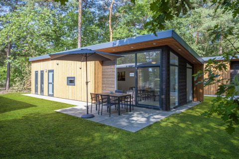 Modern tiny house at Bospark 't Wolfsven, Netherlands, with large glass windows and patio in green nature.