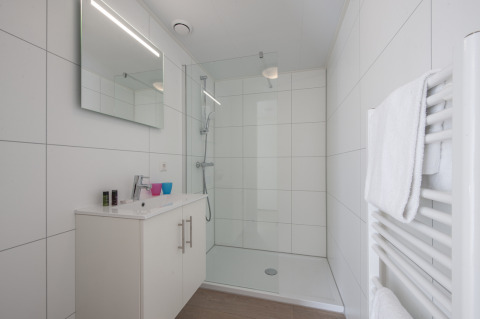 Modern white bathroom with shower, mirror, and towel heater at Lodge 4, Bospark 't Wolfsven, Netherlands.