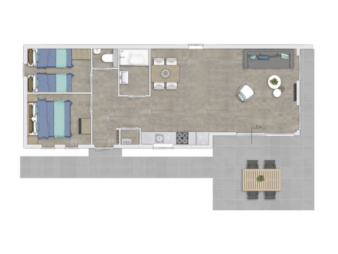 Plano de Lodge 4 en Bospark 't Wolfsven, Países Bajos, con dos dormitorios y una sala de estar amplia.
