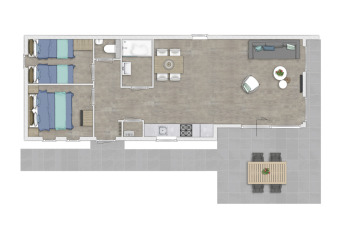 Planimetria di Lodge 4 a Bospark 't Wolfsven nei Paesi Bassi con due camere da letto e soggiorno.