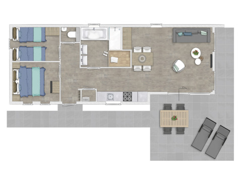 Grundriss von Lodge Wellness 4 Tiny House mit zwei Schlafzimmern, Wohnzimmer, Bad und Terrasse.