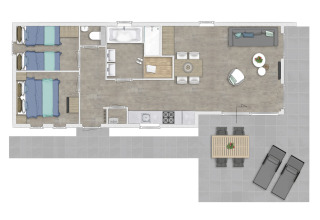 Plantegning af Lodge Wellness 4 tiny house med to soveværelser, stue, badeværelse og udendørs terrasse.