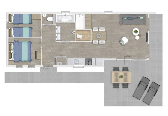 Plantegning af Lodge Wellness 4 tiny house med to soveværelser, stue, badeværelse og udendørs terrasse.