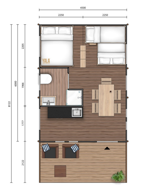 Plano de tienda safari Comet 27 en Arden Parks Signy l'Abbaye, detalles de camas, baño y terraza.