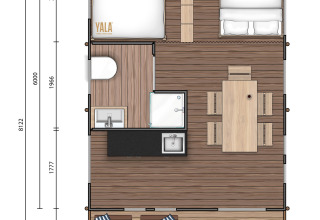 Plano de tienda safari Comet 27 en Arden Parks Signy l'Abbaye, detalles de camas, baño y terraza.