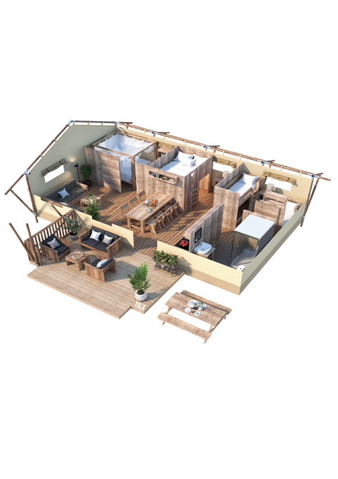 Plano 3D de una tienda safari de lujo con interiores de madera, terrazas amplias y comodidades modernas.