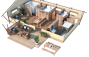 3D-plantegning af en luksus safariteltsuite med træinteriør, store terrasser og moderne faciliteter.