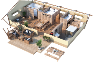 Plano 3D de una tienda safari de lujo con interiores de madera, terrazas amplias y comodidades modernas.