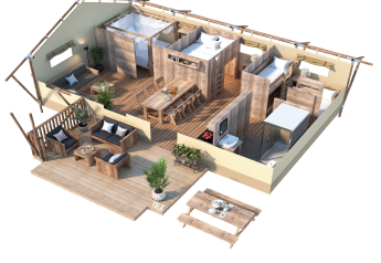 3D-grondplan van een luxe safaritent met houten interieur, grote terrassen en moderne faciliteiten.