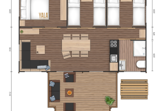Plan du Dreamer 49, tente safari d'Arden Parks à Signy l'Abbaye, France, avec chambres et terrasse.