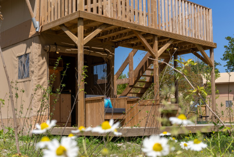 Safari tent 2 a Lauwersmeer nei Paesi Bassi, terrazza in legno e fiori selvatici sotto cielo azzurro.
