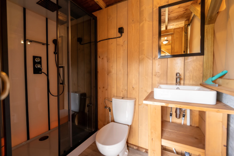 Baño con paneles de madera, ducha, inodoro y lavabo en la tienda Safari 8 en Lauwersmeer, Países Bajos.