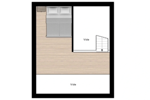 Plano del dormitorio en la tienda Safari 8 en Lauwersmeer, Países Bajos, con cama y acceso a escalera.