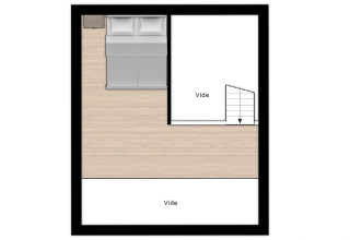Plano del dormitorio en la tienda Safari 8 en Lauwersmeer, Países Bajos, con cama y acceso a escalera.