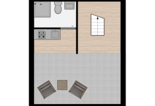 Plano de una tienda safari en Lauwersmeer con baño, cocina y área de estar con dos sillas.