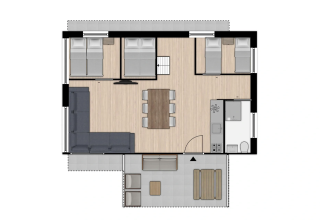 Plano de la tienda Safari 8 en Lauwersmeer, Países Bajos, con sala, cocina, dos dormitorios y terraza.