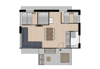 Plano de la tienda Safari 8 en Lauwersmeer, Países Bajos, con sala, cocina, dos dormitorios y terraza.